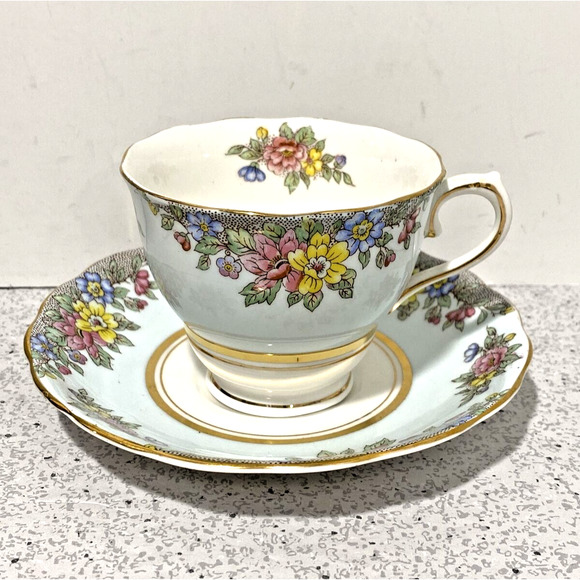 Colclough England Bone China Footed Tea Cup & Saucer Set Pale Blue & Floral - Picture 1 of 9